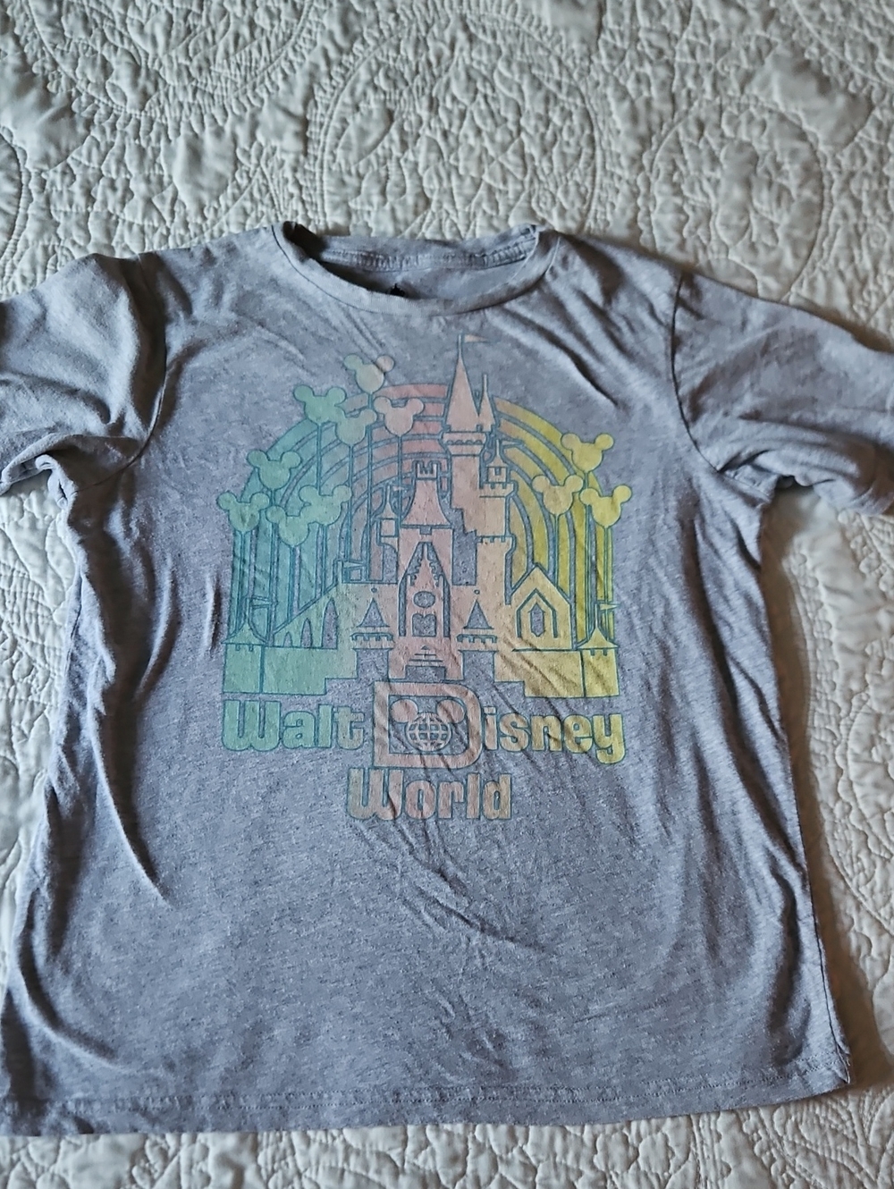Disney Kids Light Gray Castle Graphic Tee with Pastel Rainbow Print